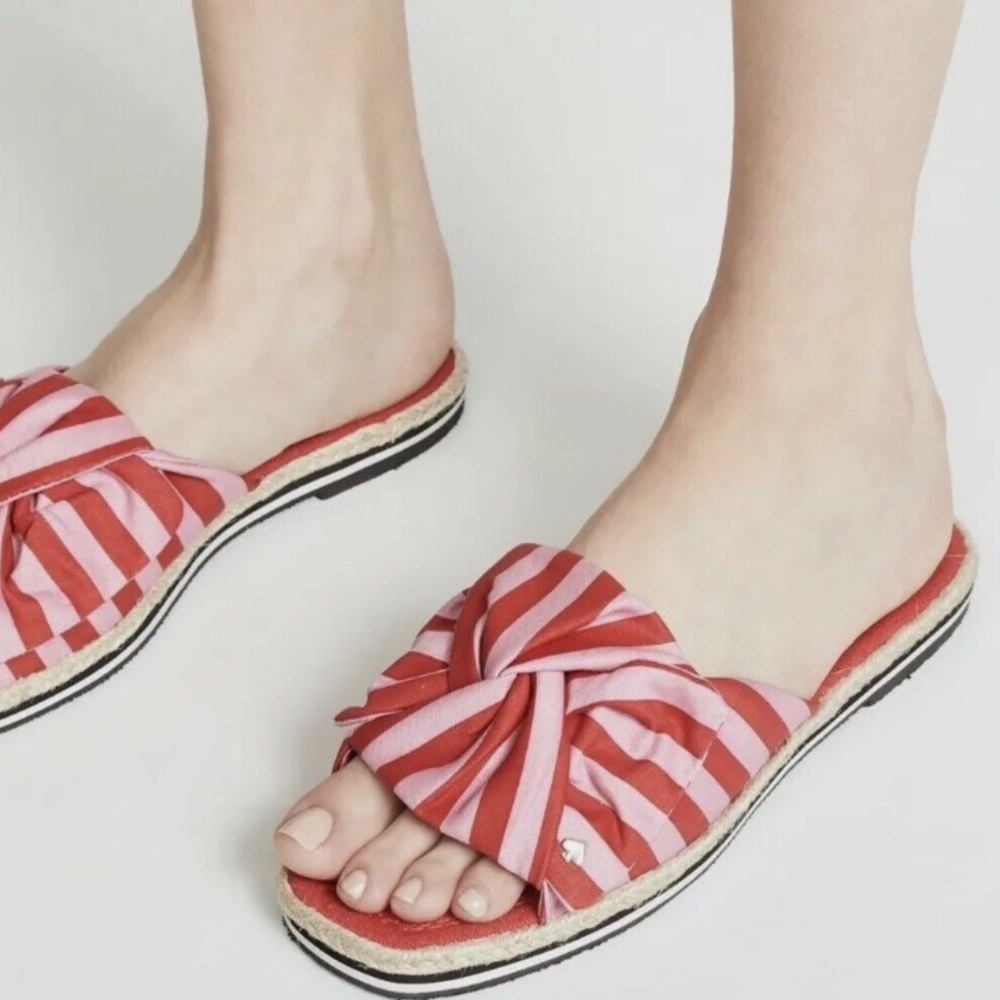🔥LAST CALL 70% OFF🔥Kate Spade  Caliana Striped Bow Flat Sandals 9.5  Pink Red - Picture 2 of 6